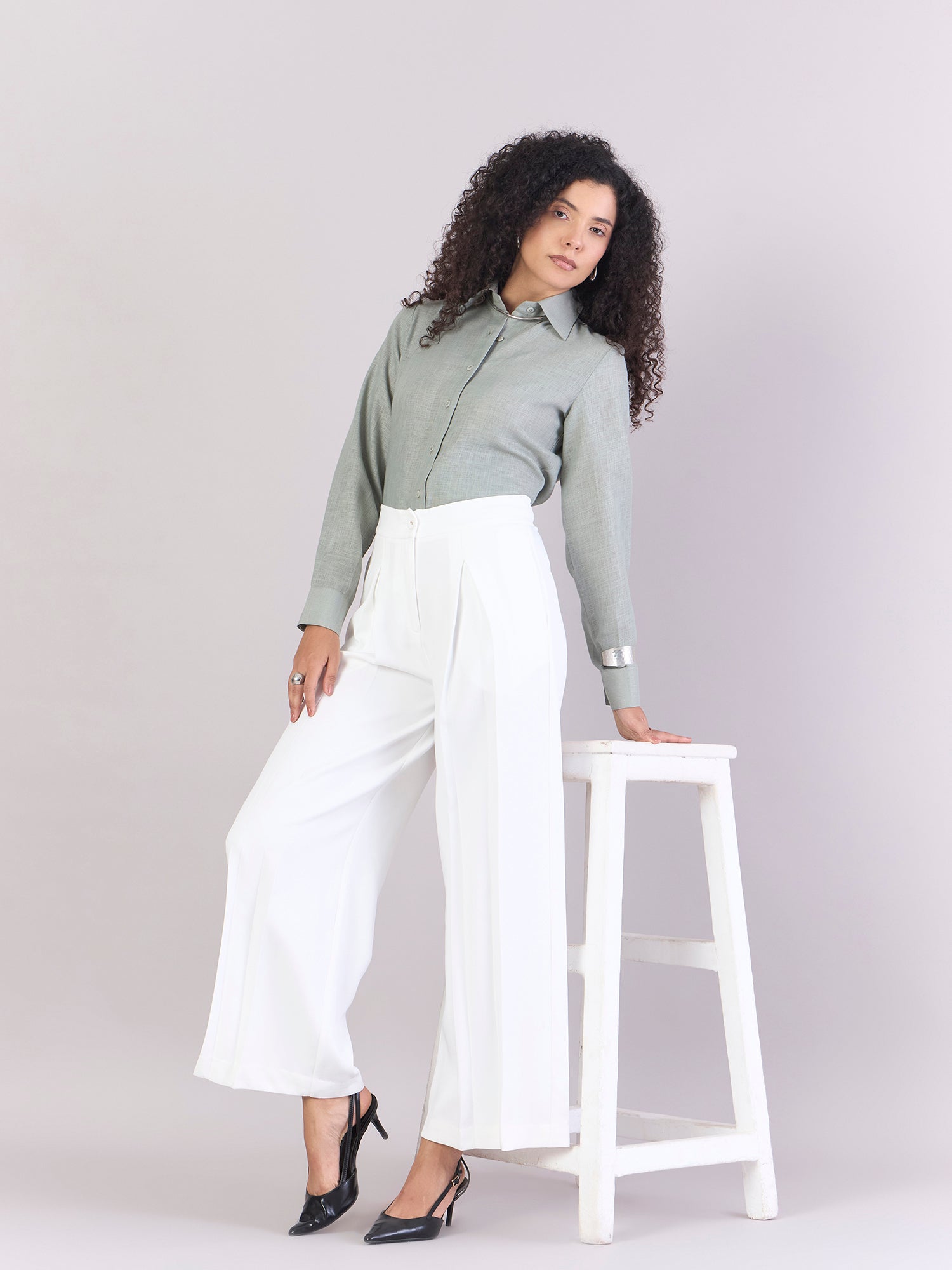 White Inverted Pleats High Waist Trouser