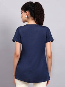 Premium Blue High-Neck Satin Top with Pearl Detailing