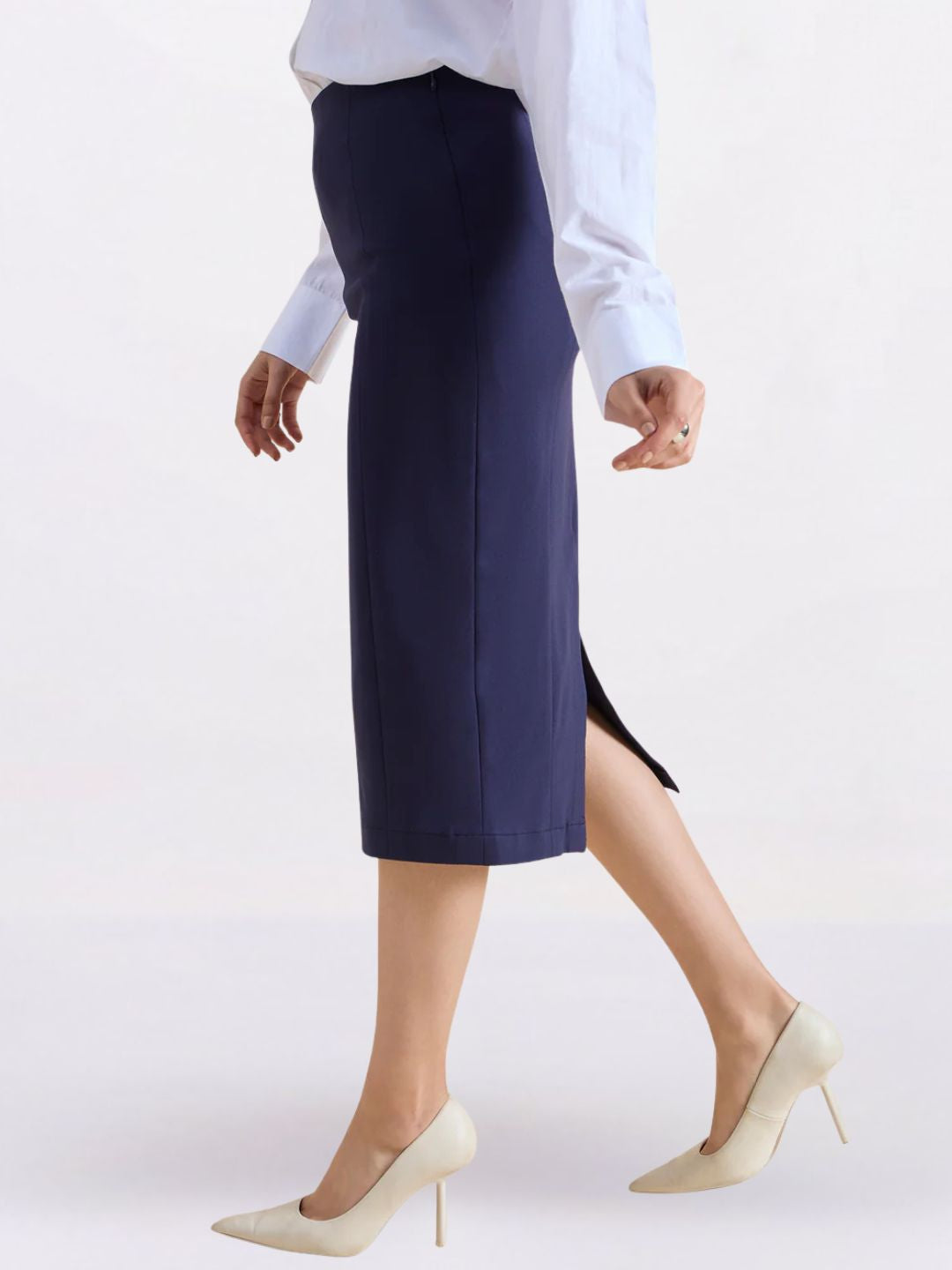 Women 4-Way Stretch Navy Blue Pencil Skirt