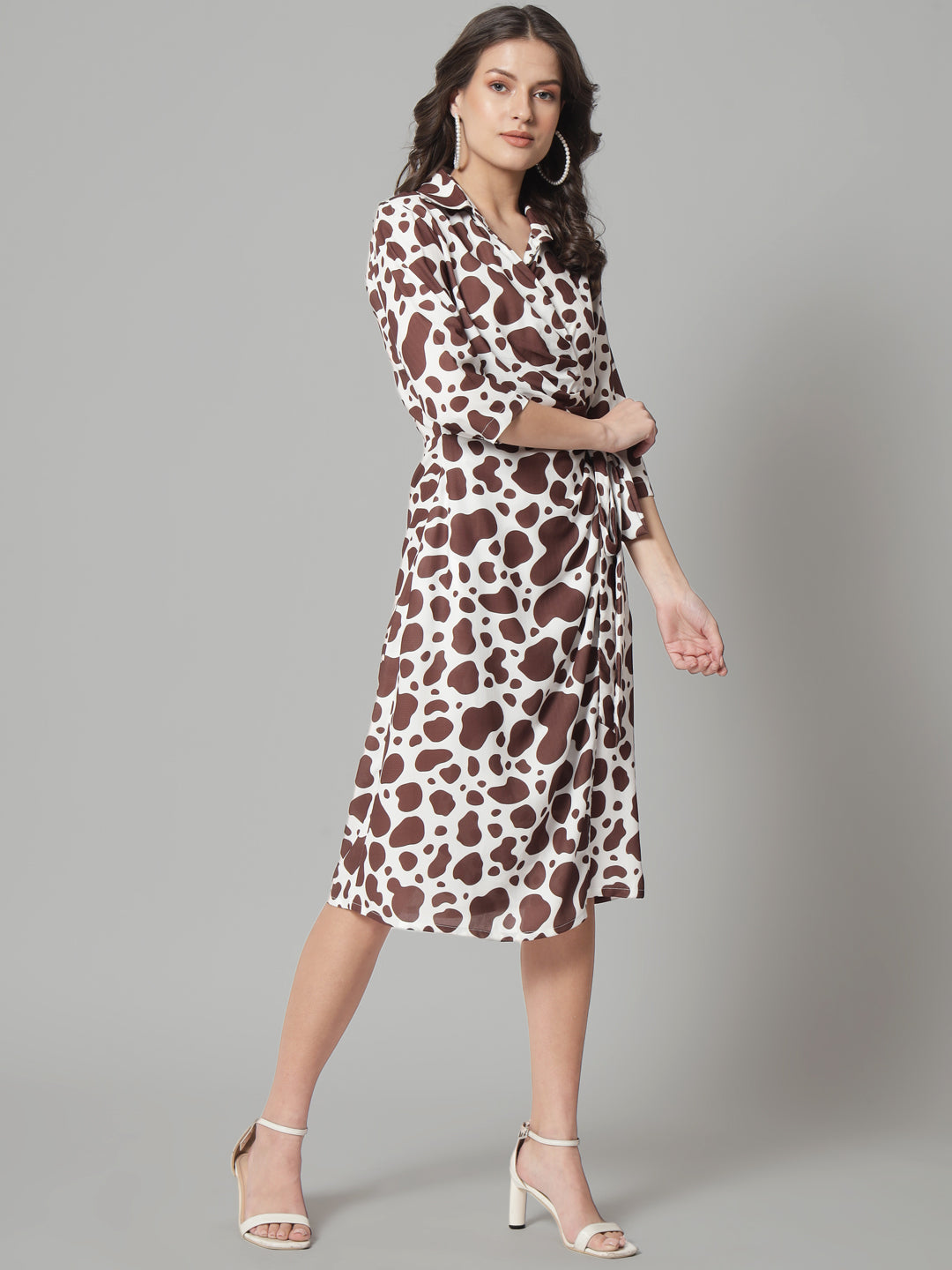 Wrap Around Animal Print Dress - Brown & White