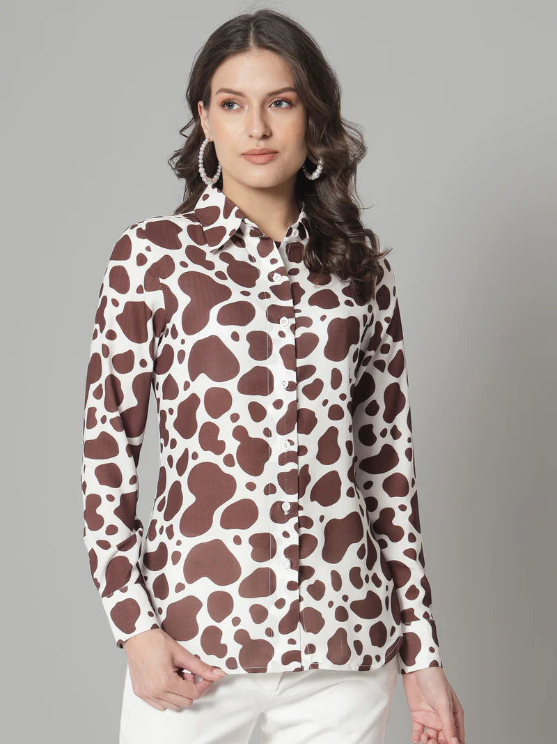 Brown Printed Collared Shirt With White Regular Fit Stretch trouser