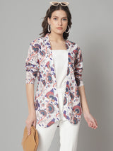 Front Open Printed Jacket- white and blue