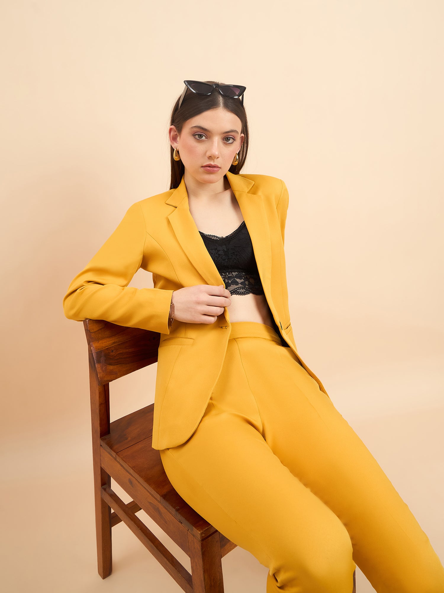 Notched Lapel Light Weight Stretch Blazer - Mustard Yellow