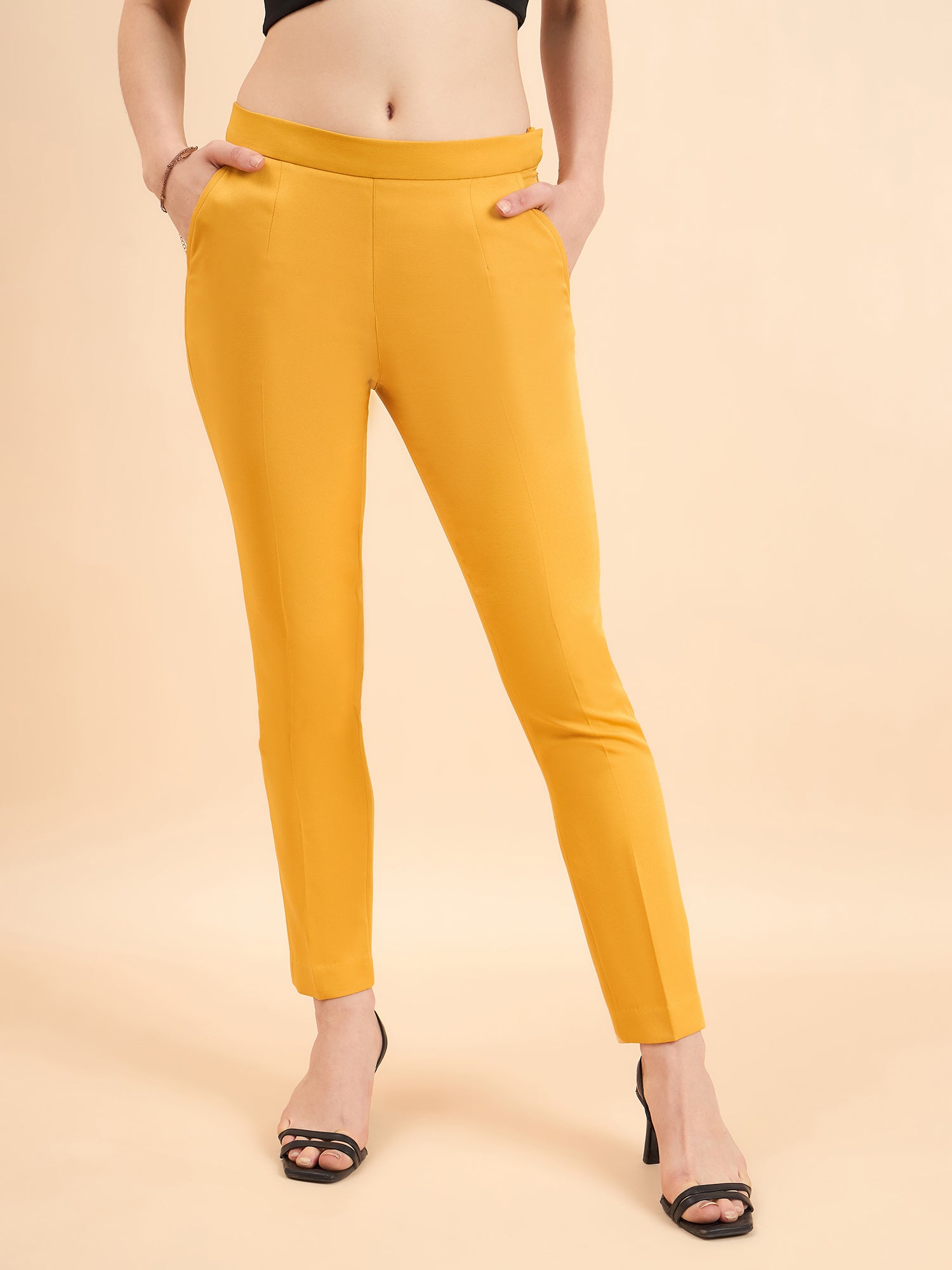 Women's Slim Fit Stretch Trousers - Mustard Yellow