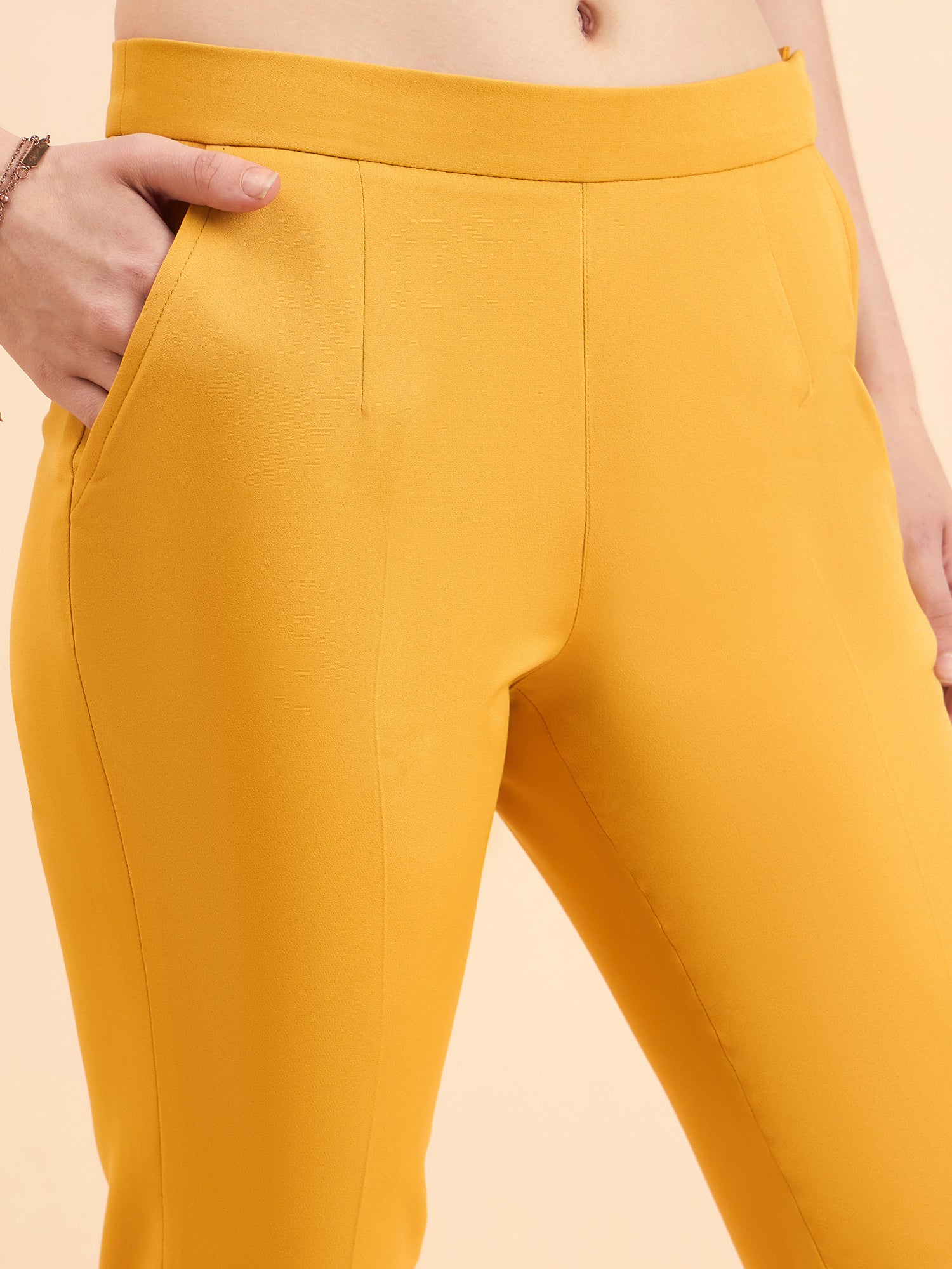 Women's Slim Fit Stretch Trousers - Mustard Yellow