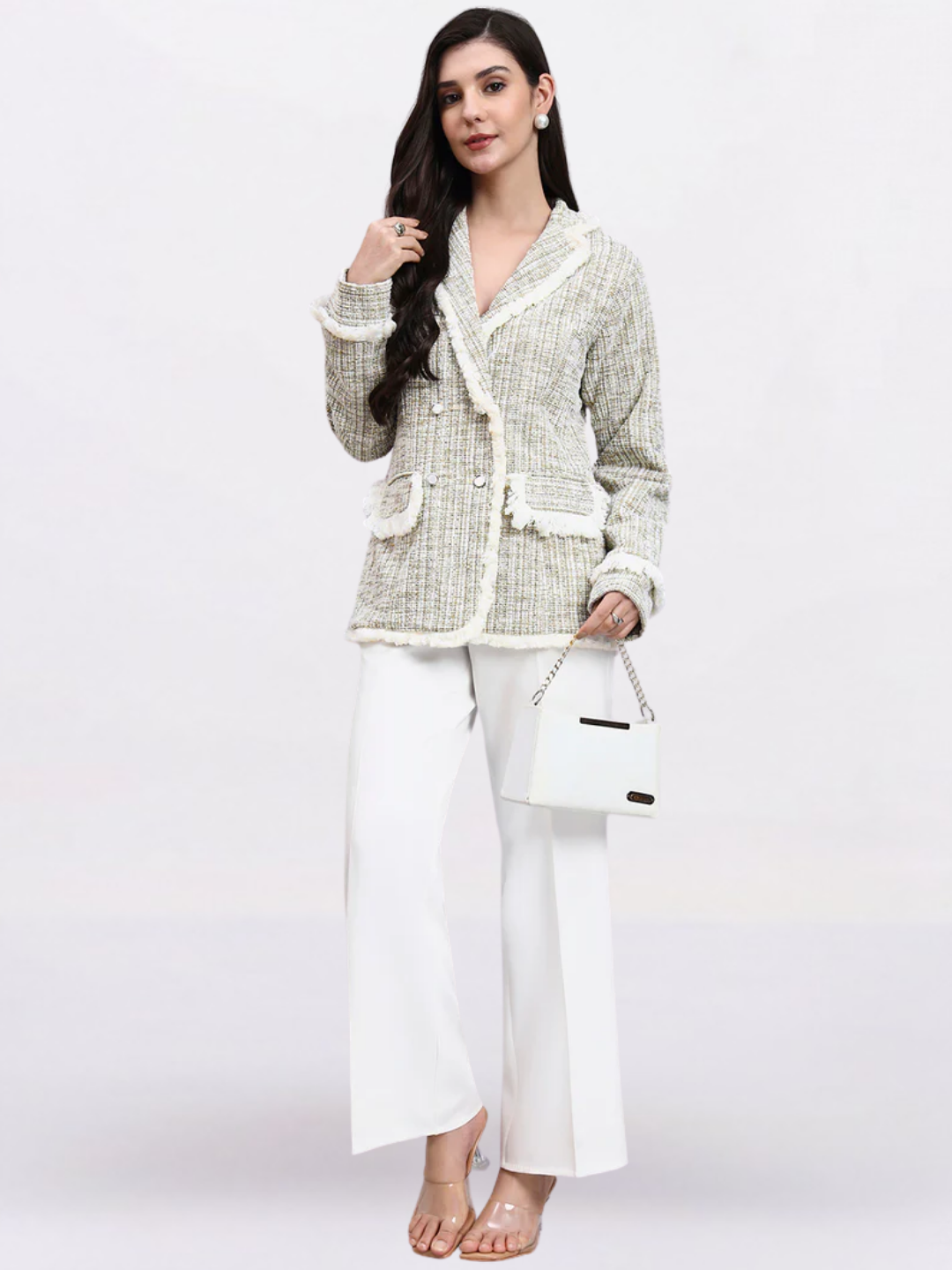 Women beige warm tweed stretch Blazer