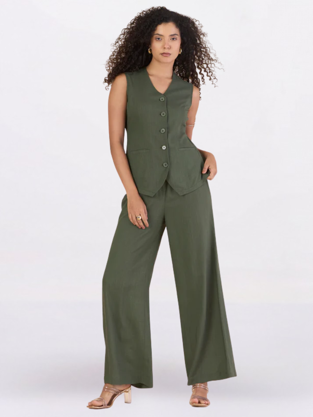 Women Olive Green V-Neck Vest With Straight Fit Trousers Co-Ord Set