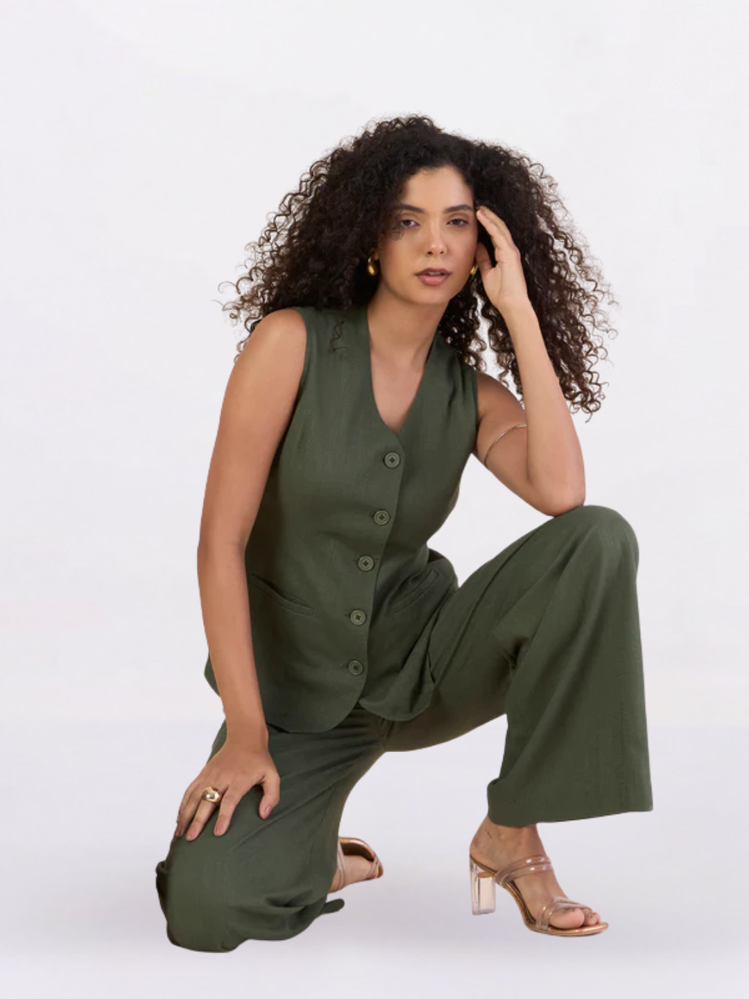 Women Olive Green V-Neck Vest With Straight Fit Trousers Co-Ord Set