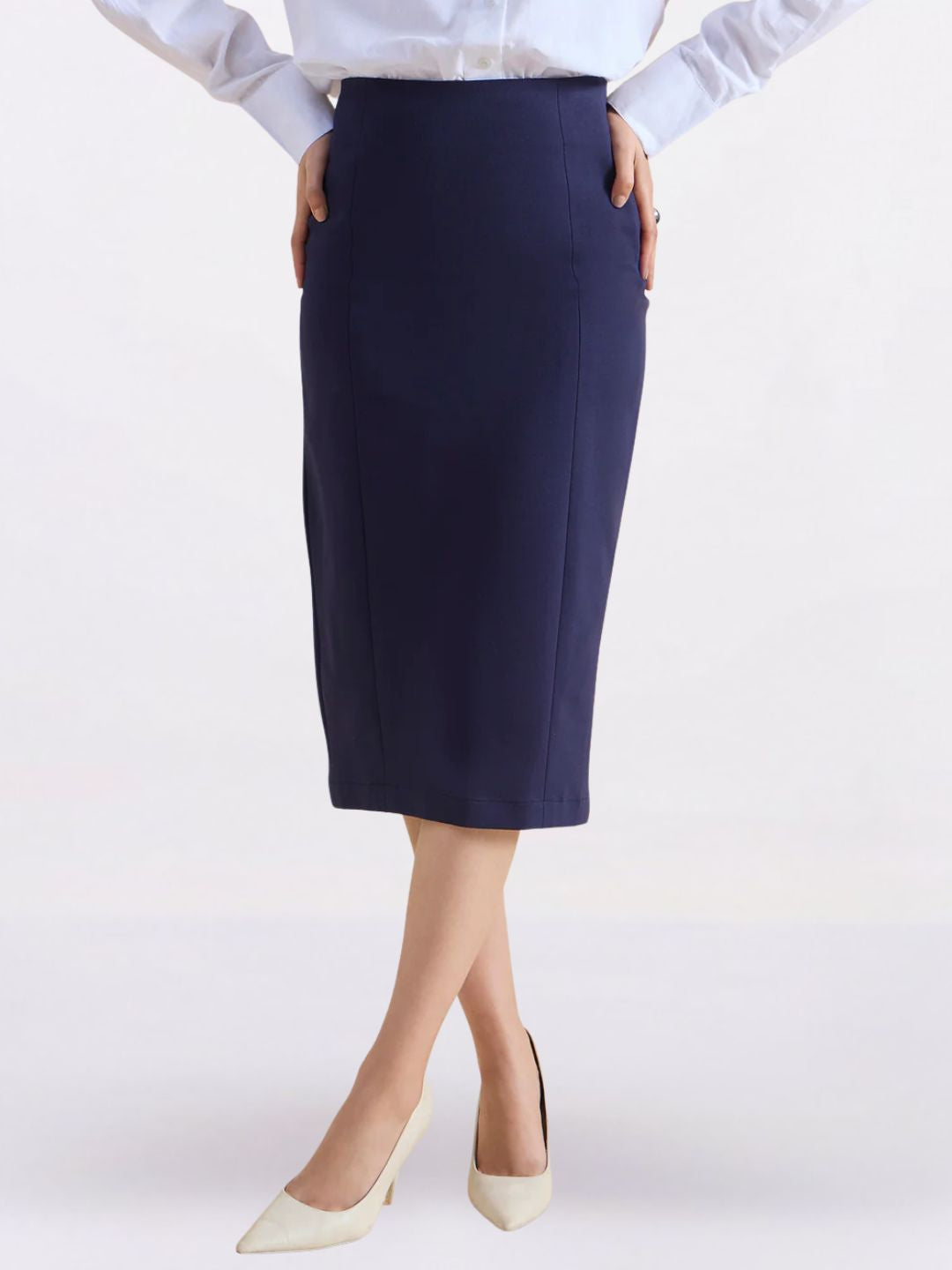 Women 4-Way Stretch Navy Blue Pencil Skirt