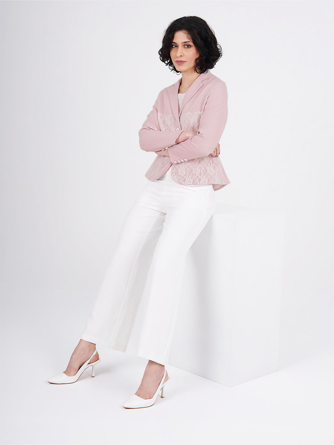 Women Baby Pink Blazer with Lace Panel Detail