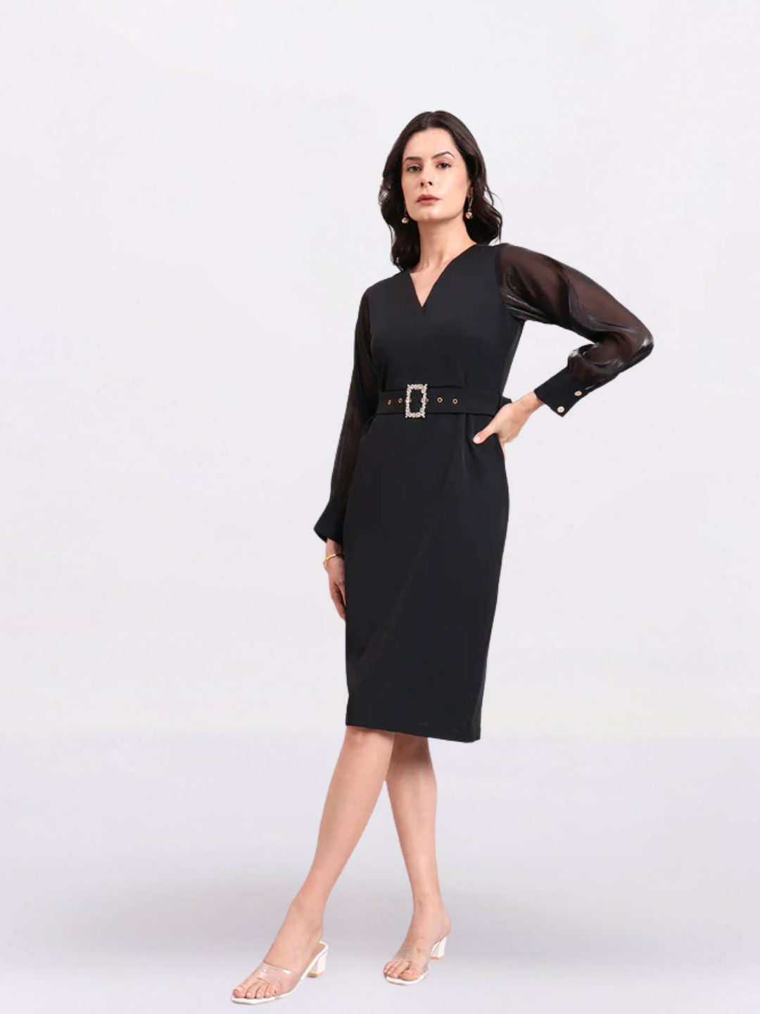 Women Black Stretch Midi Dress