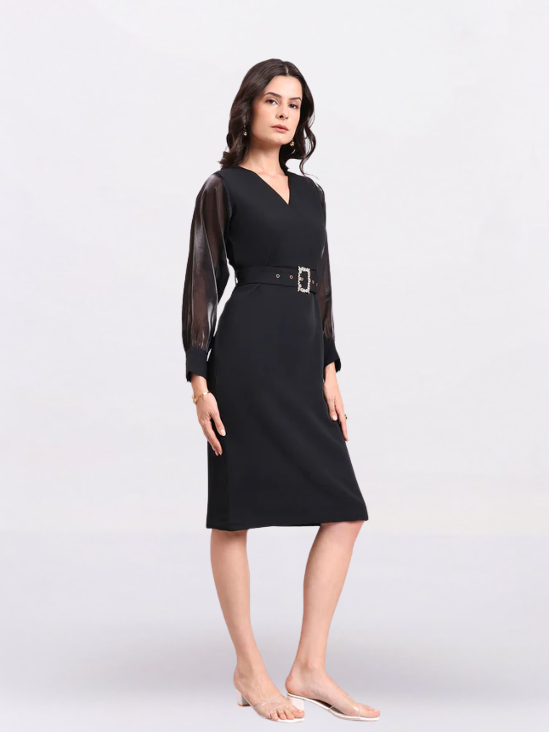 Women Black Stretch Midi Dress