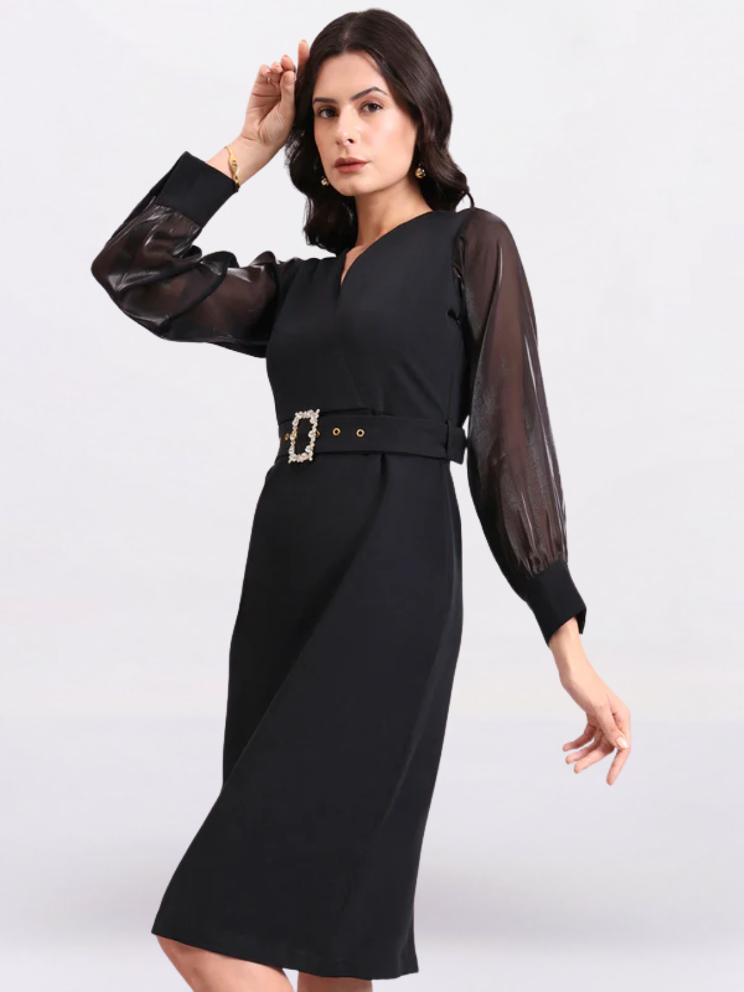 Women Black Stretch Midi Dress