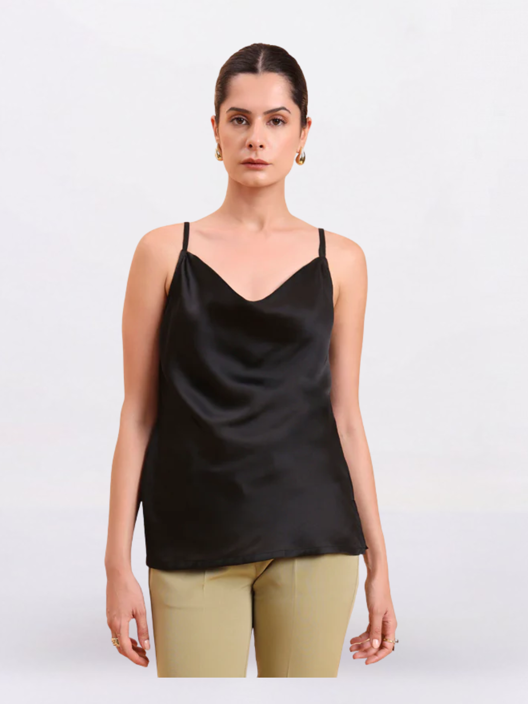 Women Black Cowl Neck Satin Tank Top