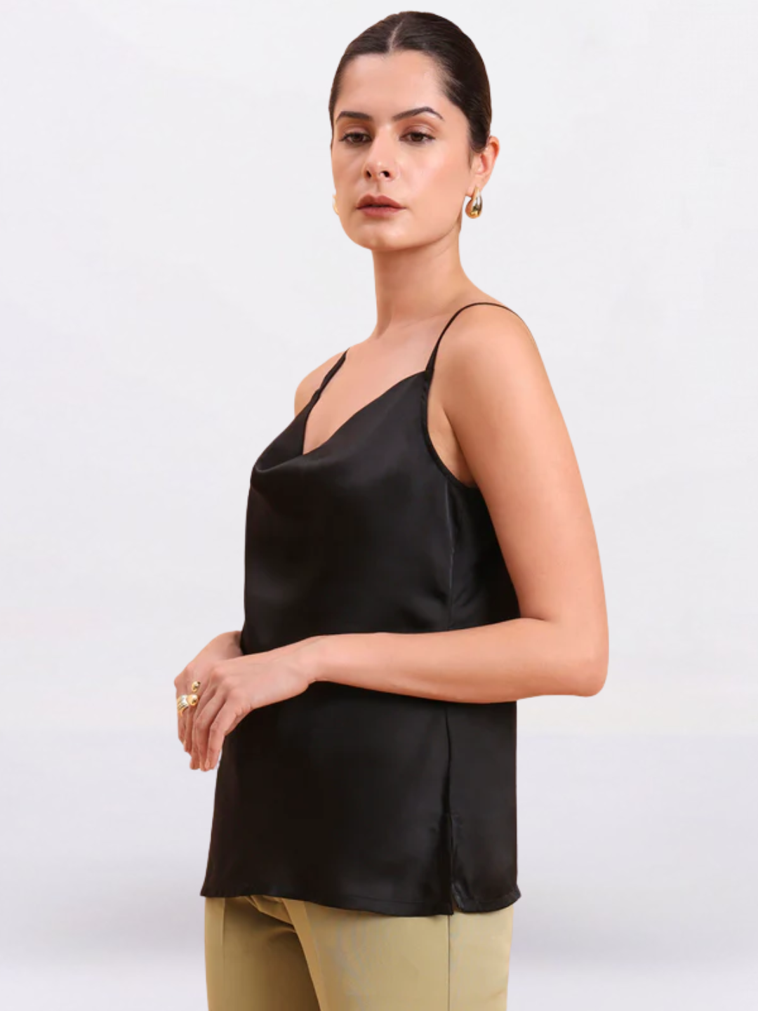 Women Black Cowl Neck Satin Tank Top