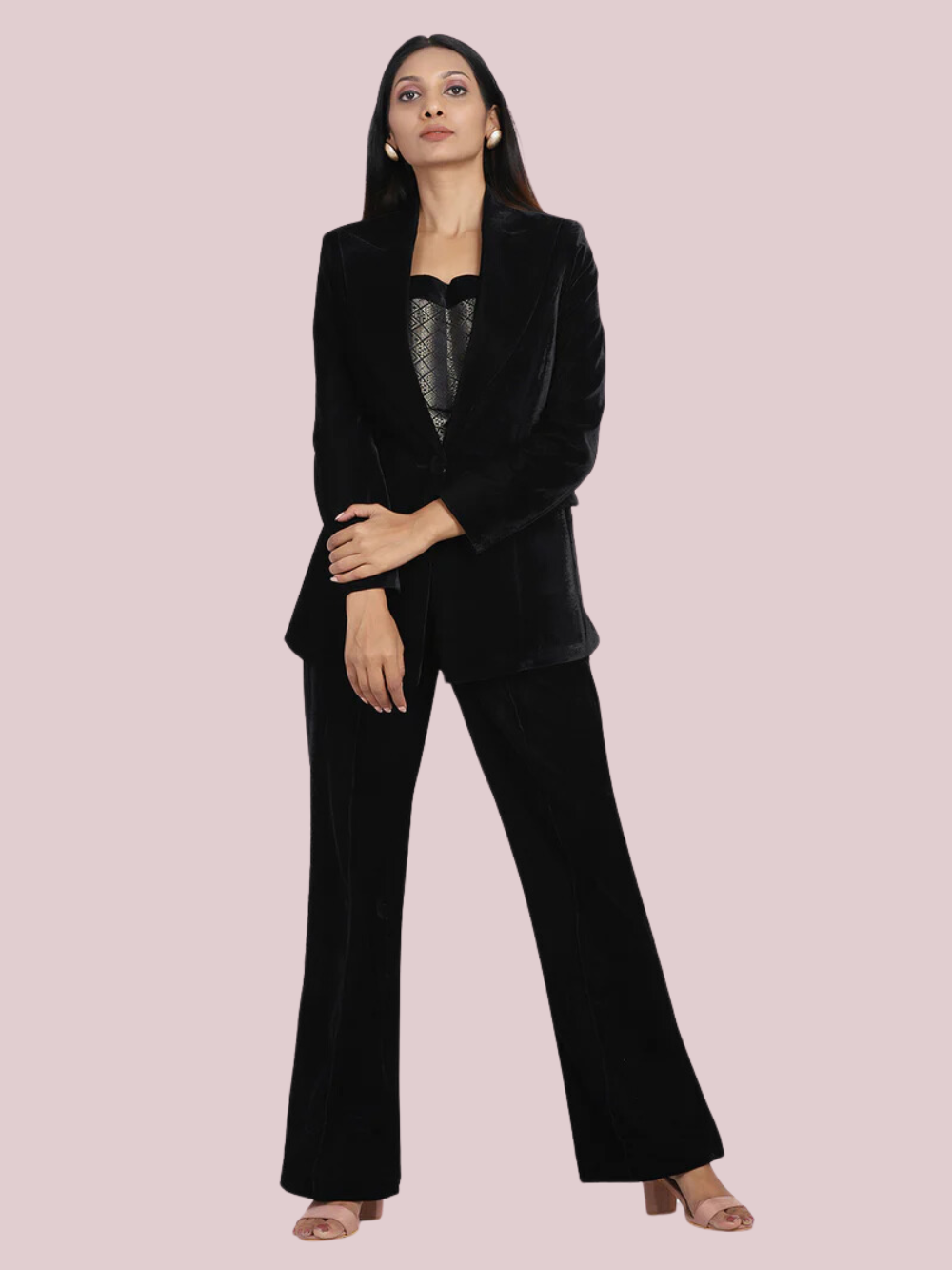 Ladies black velvet trouser suit online