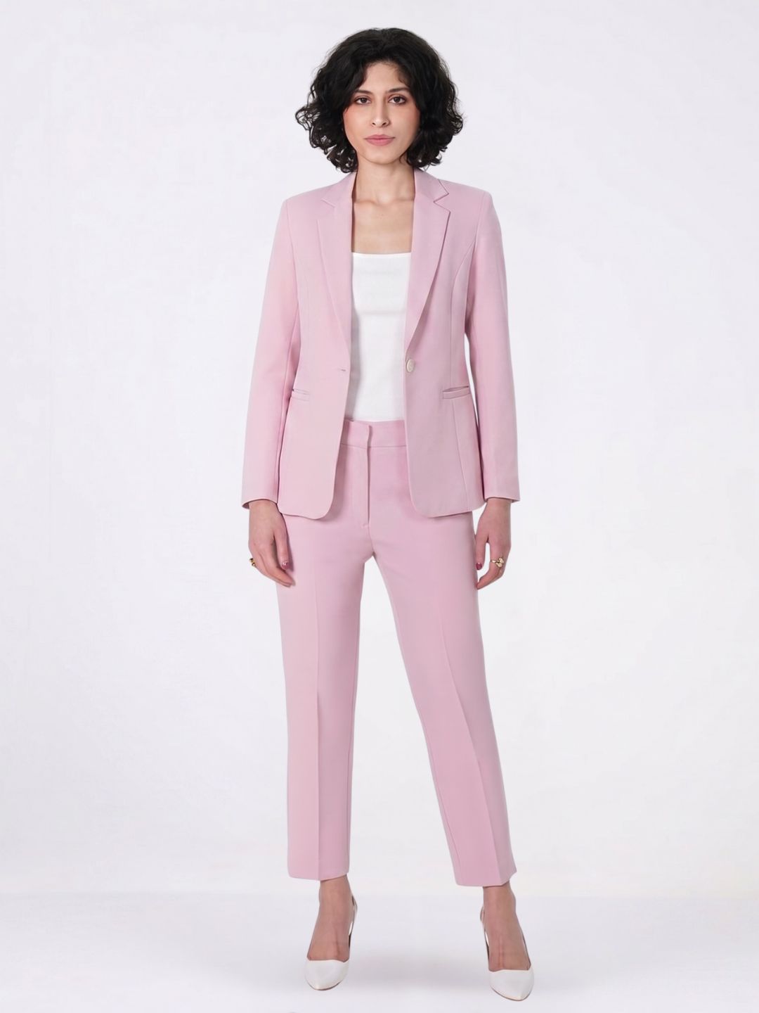 Women Pink Single Breasted Pantsuit with White Square neck Camisole