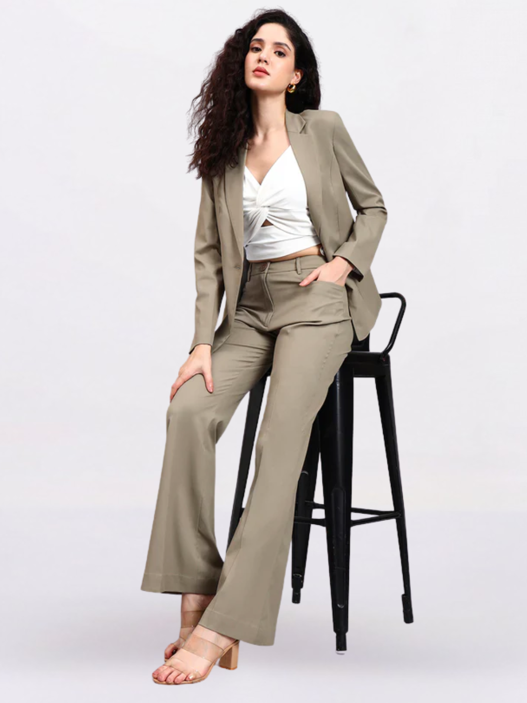 Women Pastel Fern Green Formal Powersuit