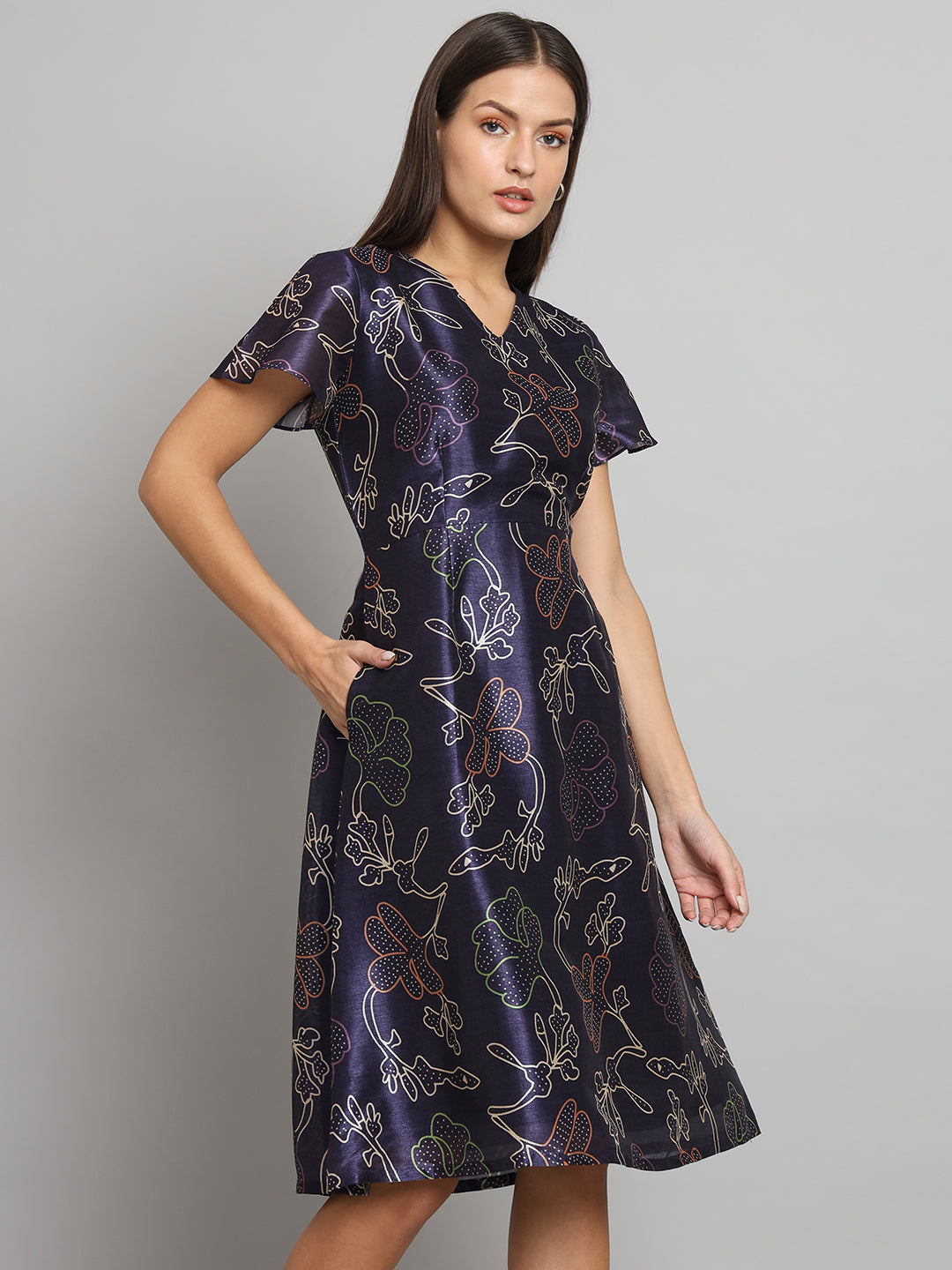 Printed Silk A-Line dress- Blue