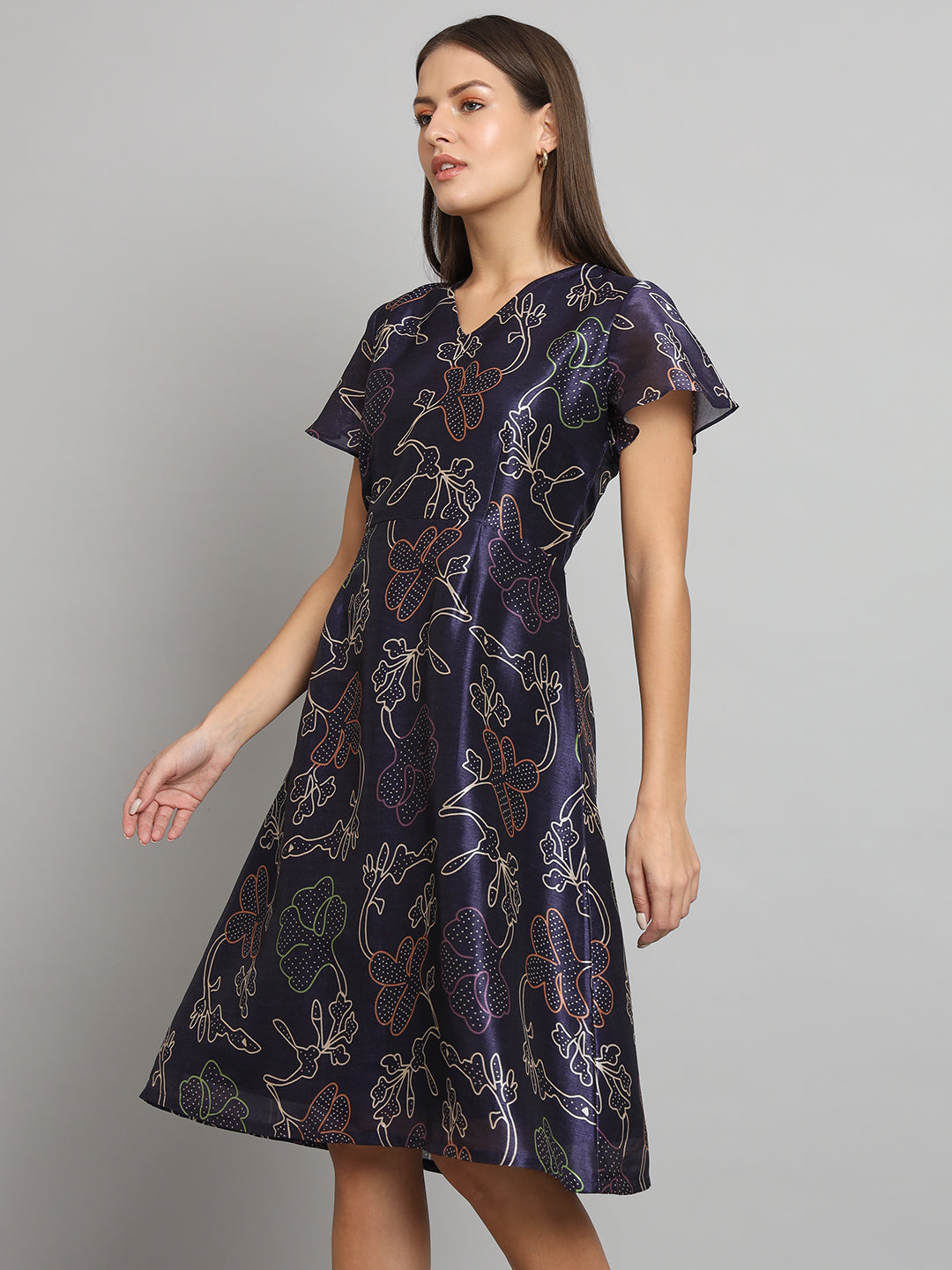 Printed Silk A-Line dress- Blue