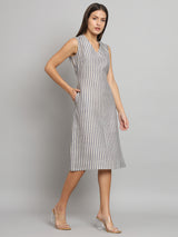 A-line Stripes Poly Linen Dress- Blue and beige