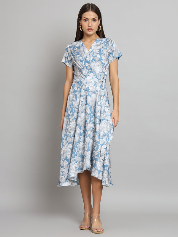 Printed wrap around dress- Blue and Grey
