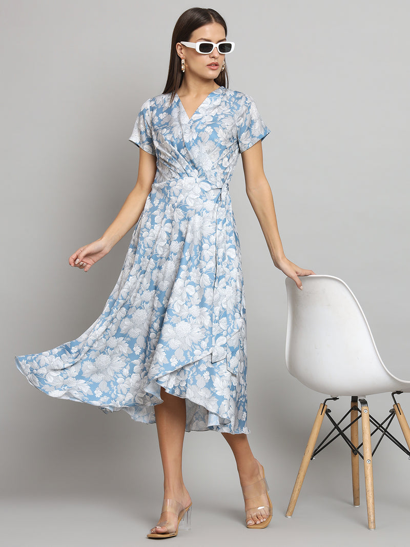 Printed wrap around dress- Blue and Grey