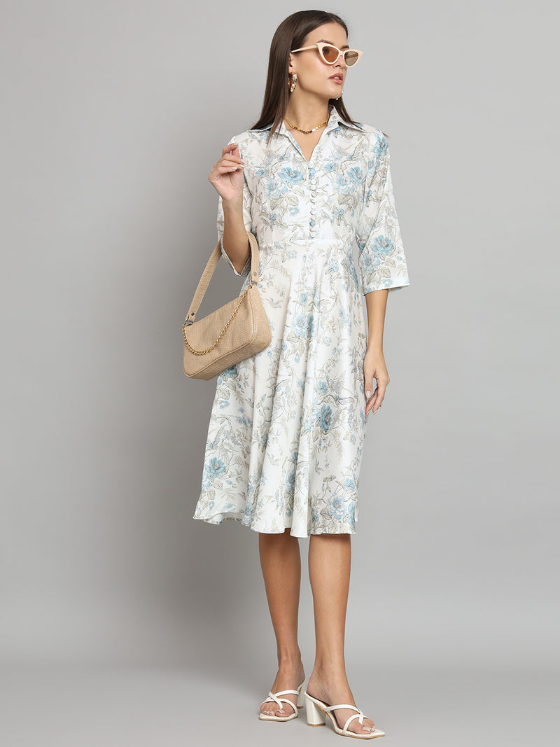 Collared Neck Floral Dress- White
