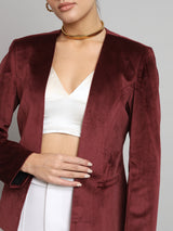 Short Velvet jacket without collar- Maroon