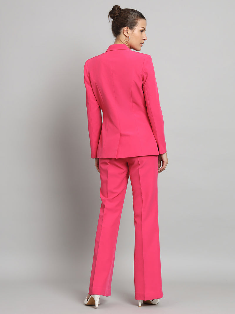 Notch Collar Stretch Pant Suit- Hot Pink