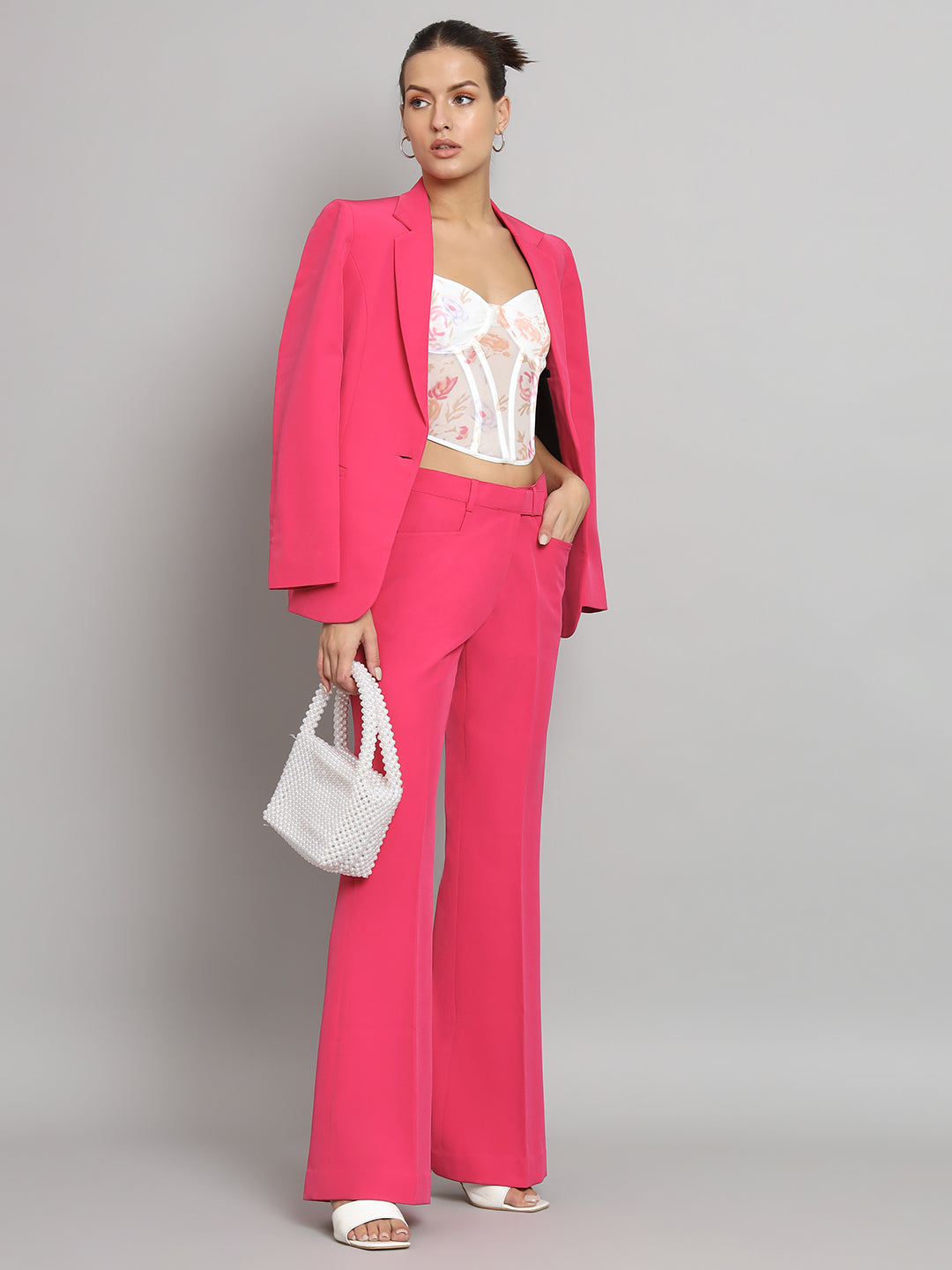Notch Collar Stretch Pant Suit- Hot Pink