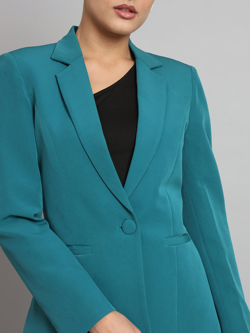 Notch Collar Stretch Pant Suit- Teal Green