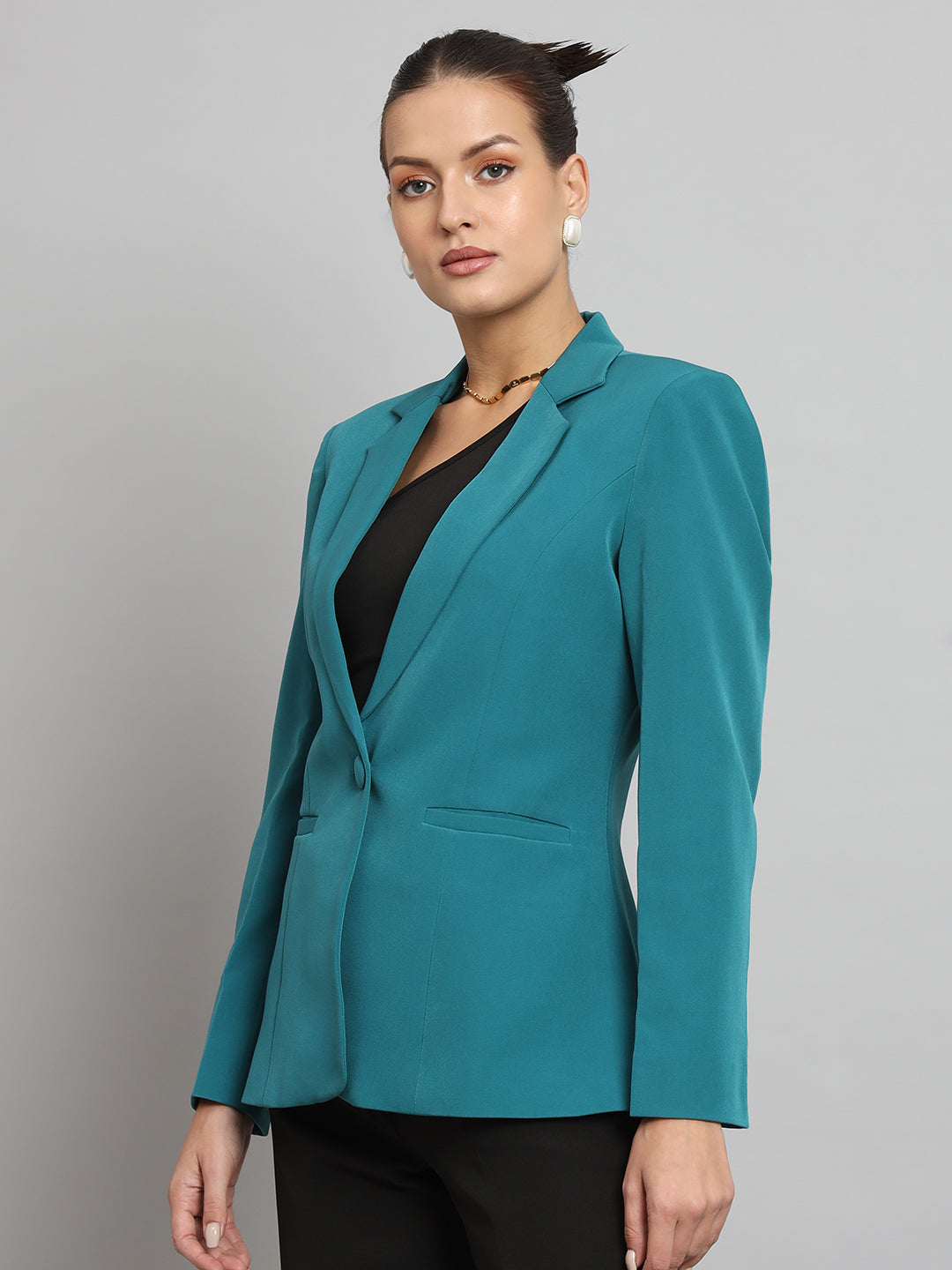 Women Notched Lapel Collar Single Breasted Formal Blazer