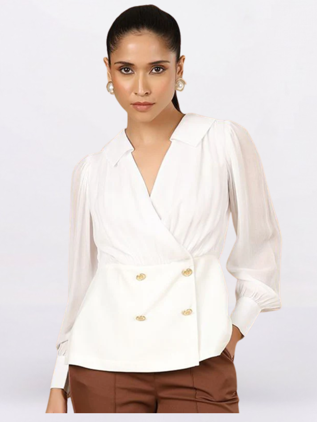Women Shirt Collar Cuffed Sleeves Peplum Top