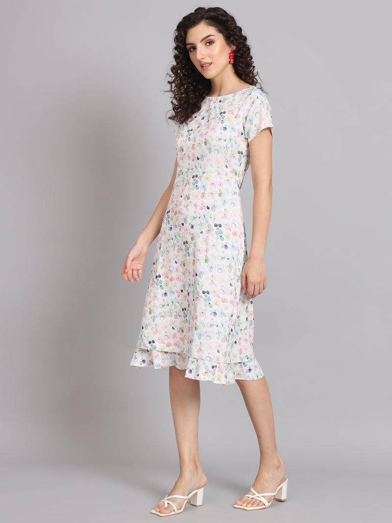 A Line Printed Floral Frill Dress - White