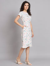 A Line Printed Floral Frill Dress - White
