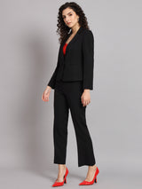 Short Blazer Notched Collar Polyester Pant Suit - Black