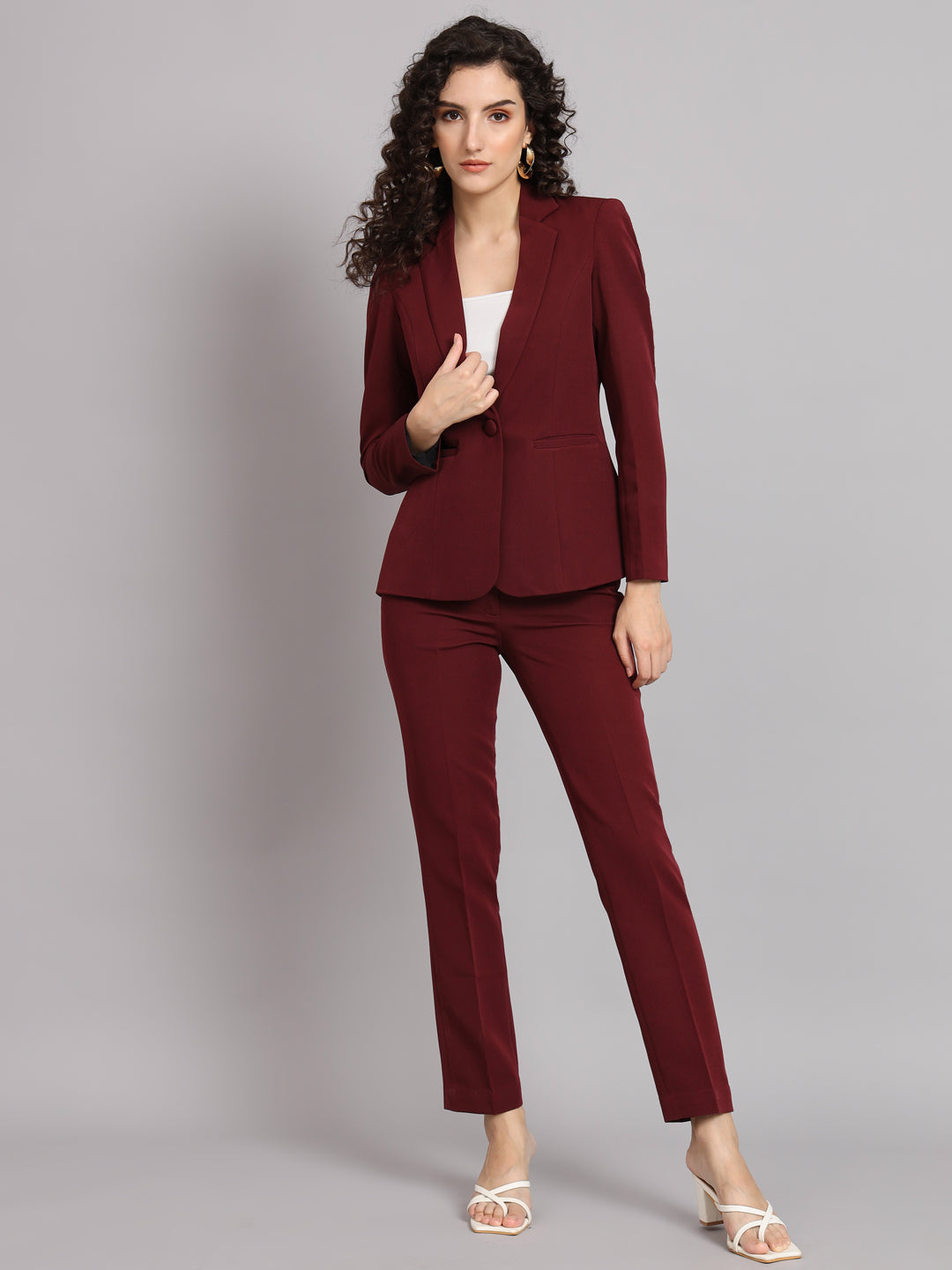 Notched Collar Stretch Pant Suit - Maroon