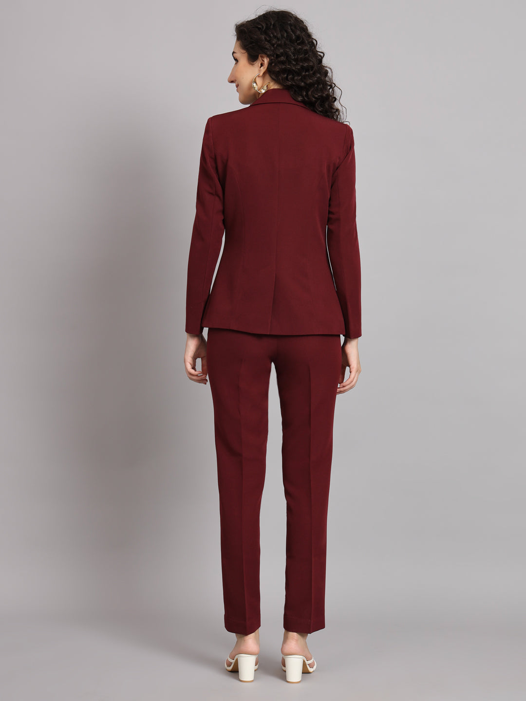 Notched Collar Stretch Pant Suit - Maroon