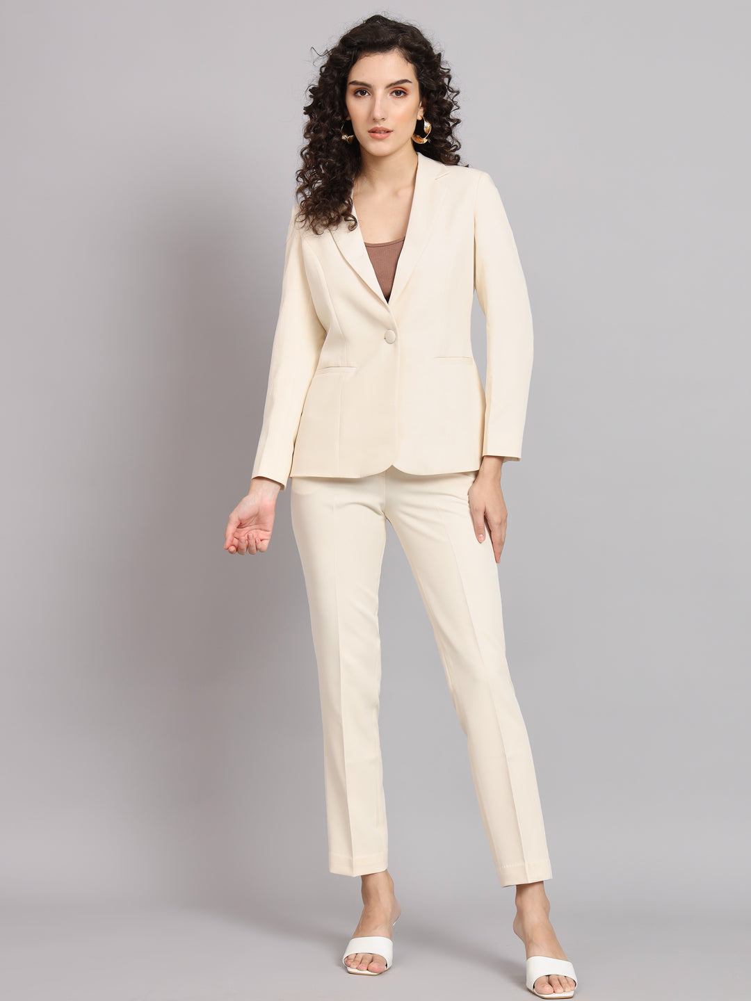 Notched Collar Stretch Pant Suit  - Off White