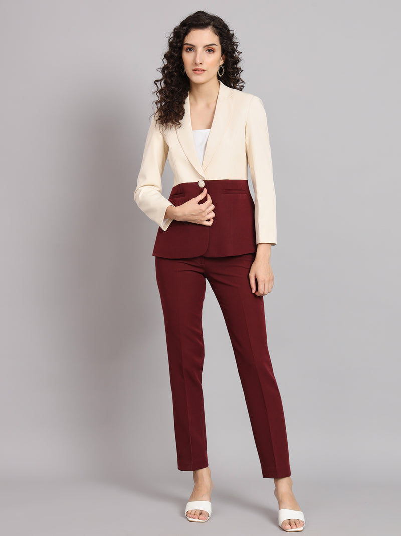 Colour Block Notched Collar Pant Suit - Off White and Maroon