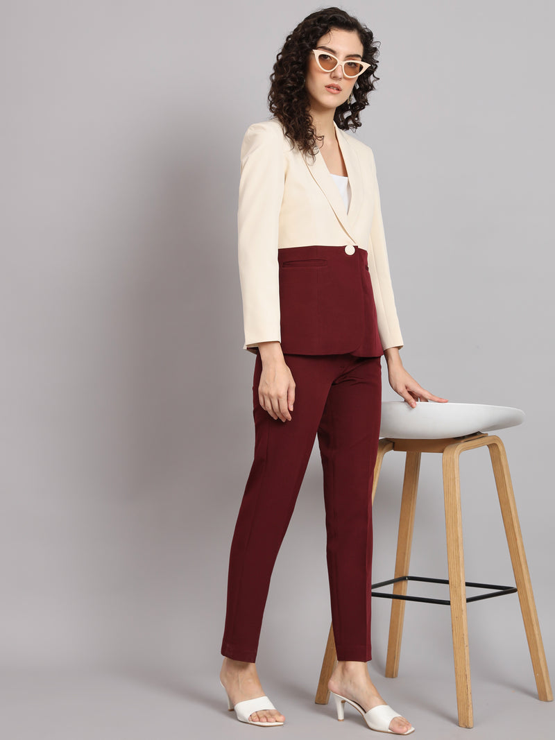 Colour Block Notched Collar Pant Suit - Off White and Maroon