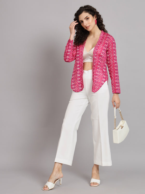 Front Open Ikat Print Jacket - White & Pink