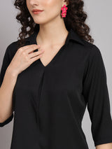 V-Neck Shirt Collar with Box Pleat Pant Suit - Black