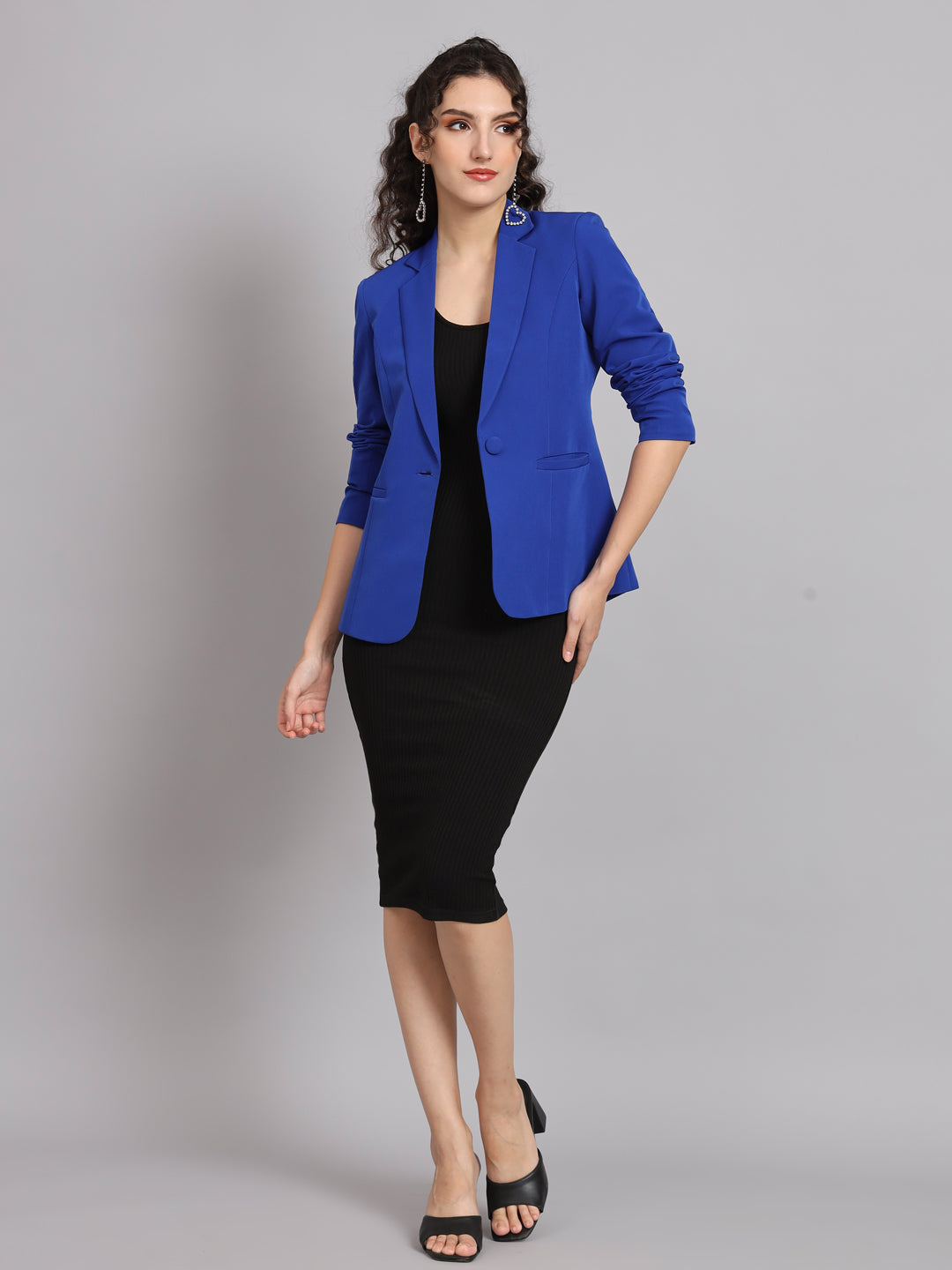 Notched Collar Polyester Blazer - Ink Blue