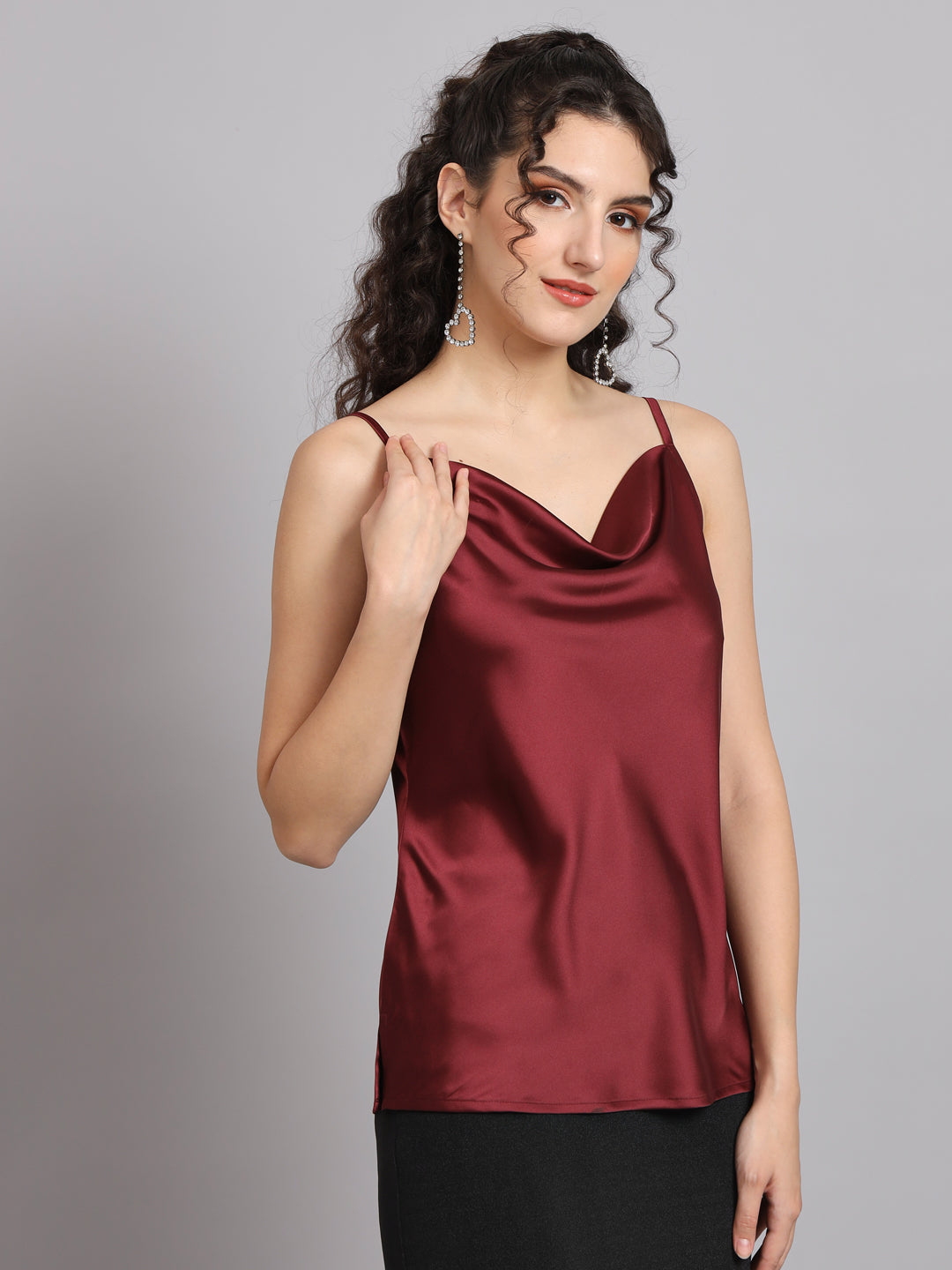 Sleeveless Satin Top With Cowl Neck - Maroon