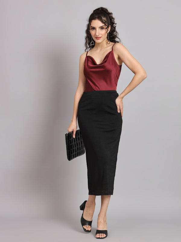 Sleeveless Satin Top with Cowl Neck - Maroon