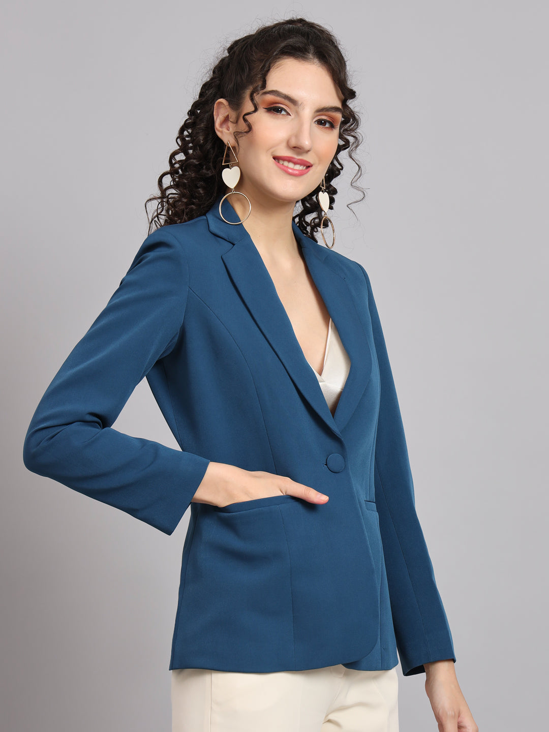 Notched Collar Polyester Blazer - Teal Blue