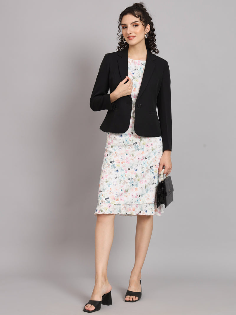 Short Notched Collar Blazer with Printed Frill Dress
