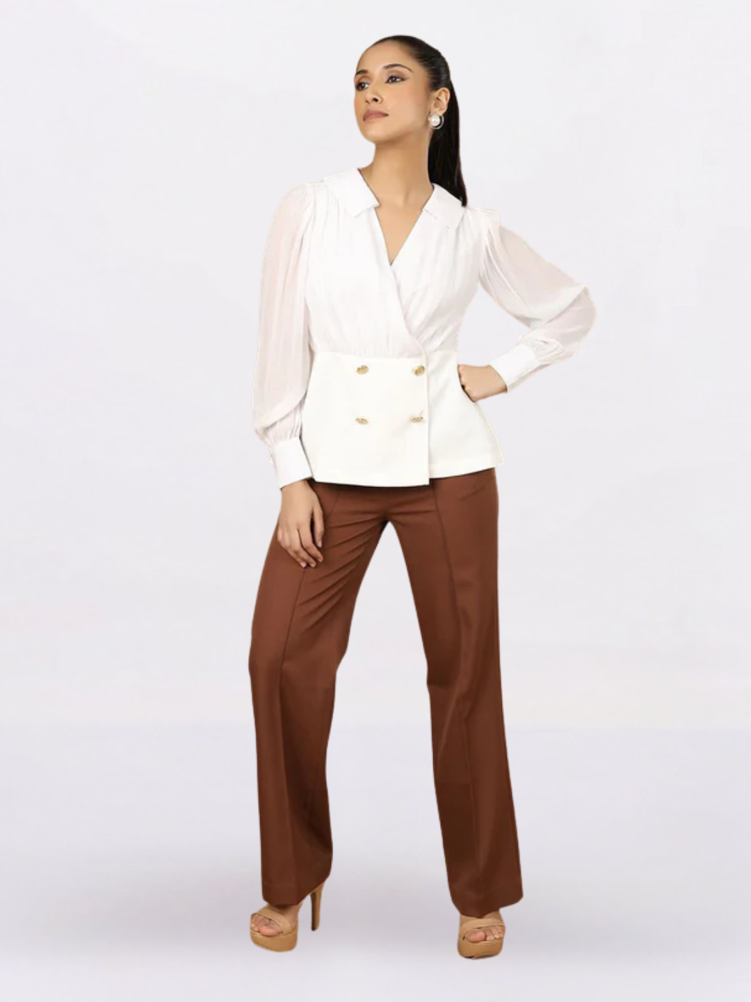 Women Shirt Collar Cuffed Sleeves Peplum Top